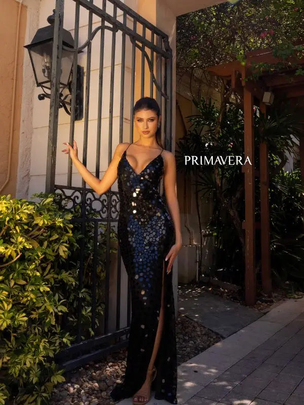 Primavera Couture 4151 Size 10 Black Long Prom Dress Fitted Glass Cut Beads Lace Up Back V Neck Formal Pageant Gown Primavera Couture 4151 Size 10 Black Long Prom Dress Fitted Glass Cut Beads Lace Up Back V Neck Formal Pageant Gown
