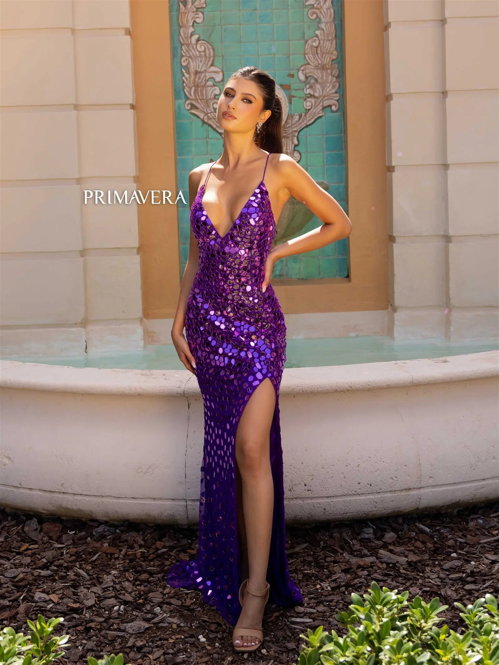 Primavera Couture 4151 Size 4 Purple Long Prom Dress Fitted Glass Cut Beads Lace Up Back V Neck Formal Pageant Gown Primavera Couture 4151 Size 4 Purple Long Prom Dress Fitted Glass Cut Beads Lace Up Back V Neck Formal Pageant Gown