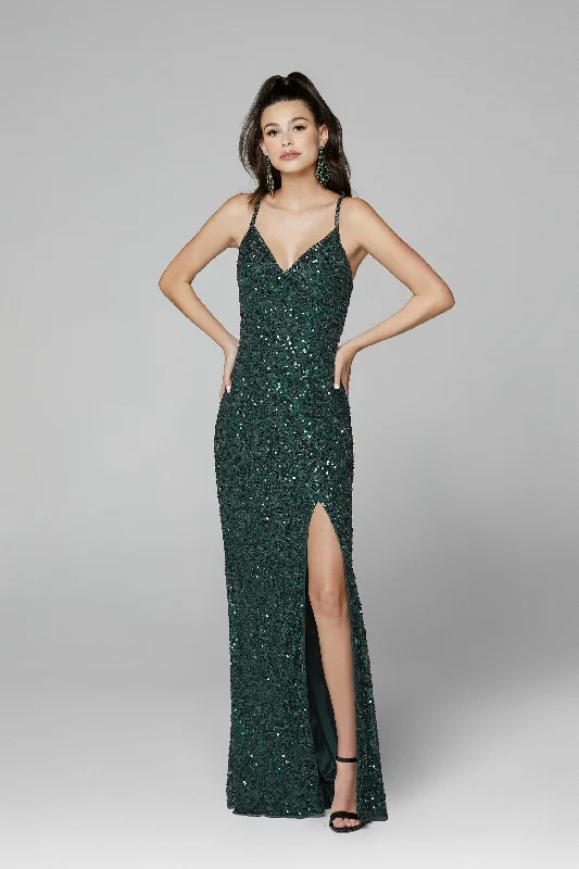 Primavera couture 3295 Sizes 16 Forest Green Prom Dress v neckline sequins backless slit Primavera couture 3295 Sizes 16 Forest Green Prom Dress v neckline sequins backless slit