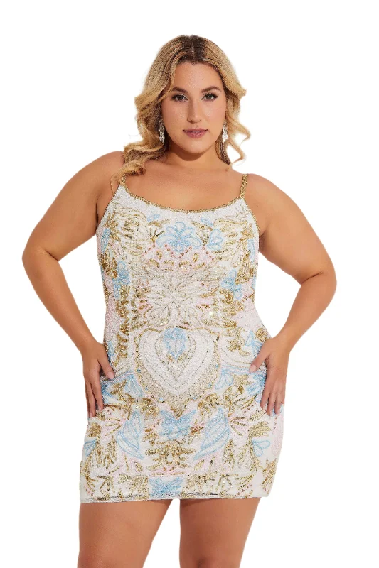 Primavera Curvy 14064 Size 14 Ivory Short Plus Size Homecoming Dress Beaded Corset Scoop Neck Gown Primavera Curvy 14064 Size 14 Ivory Short Plus Size Homecoming Dress Beaded Corset Scoop Neck Gown