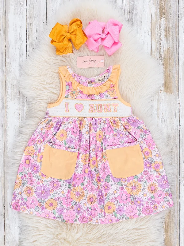 Purple & Yellow Wildflowers Smocked Aunt Love Pocket Dress