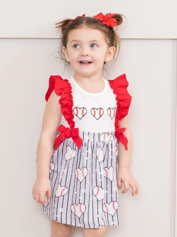 Red & Grey Stripes Smocked Baseball Ruffle Dress
