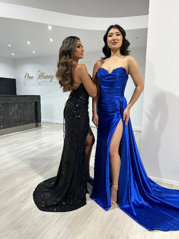 Sherri Hill 55230 Royal Blue Silky Strapless Diamante Detail Leg Split Mermaid Formal Dress Sherri Hill 55230 Royal Blue Silky Strapless Diamante Detail Leg Split Mermaid Formal Dress