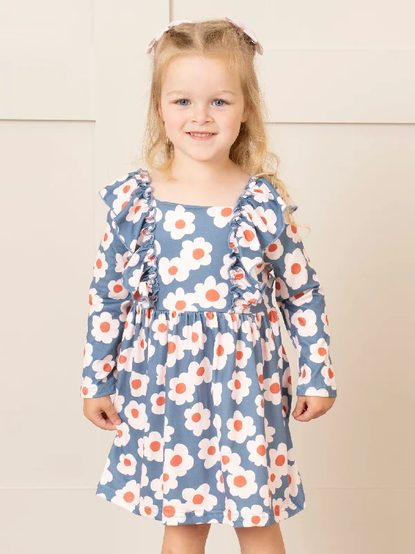 Soft Orange & Blue Daisy Ruffle Dress