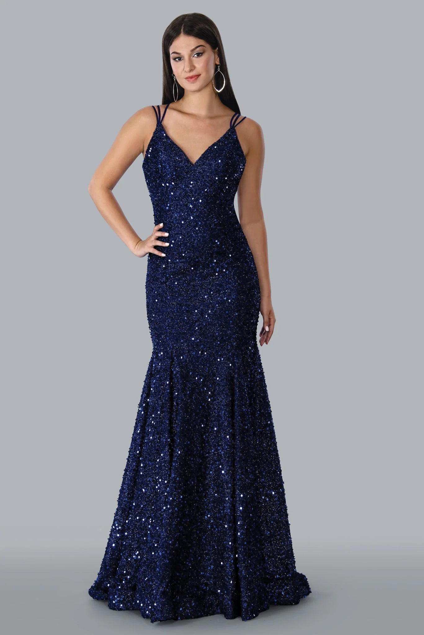 Stella Couture 23118 Size 16 Blue Long Sequin Fitted Mermaid Prom Dress V Neck Formal Gown Stella Couture 23118 Size 16 Blue Long Sequin Fitted Mermaid Prom Dress V Neck Formal Gown