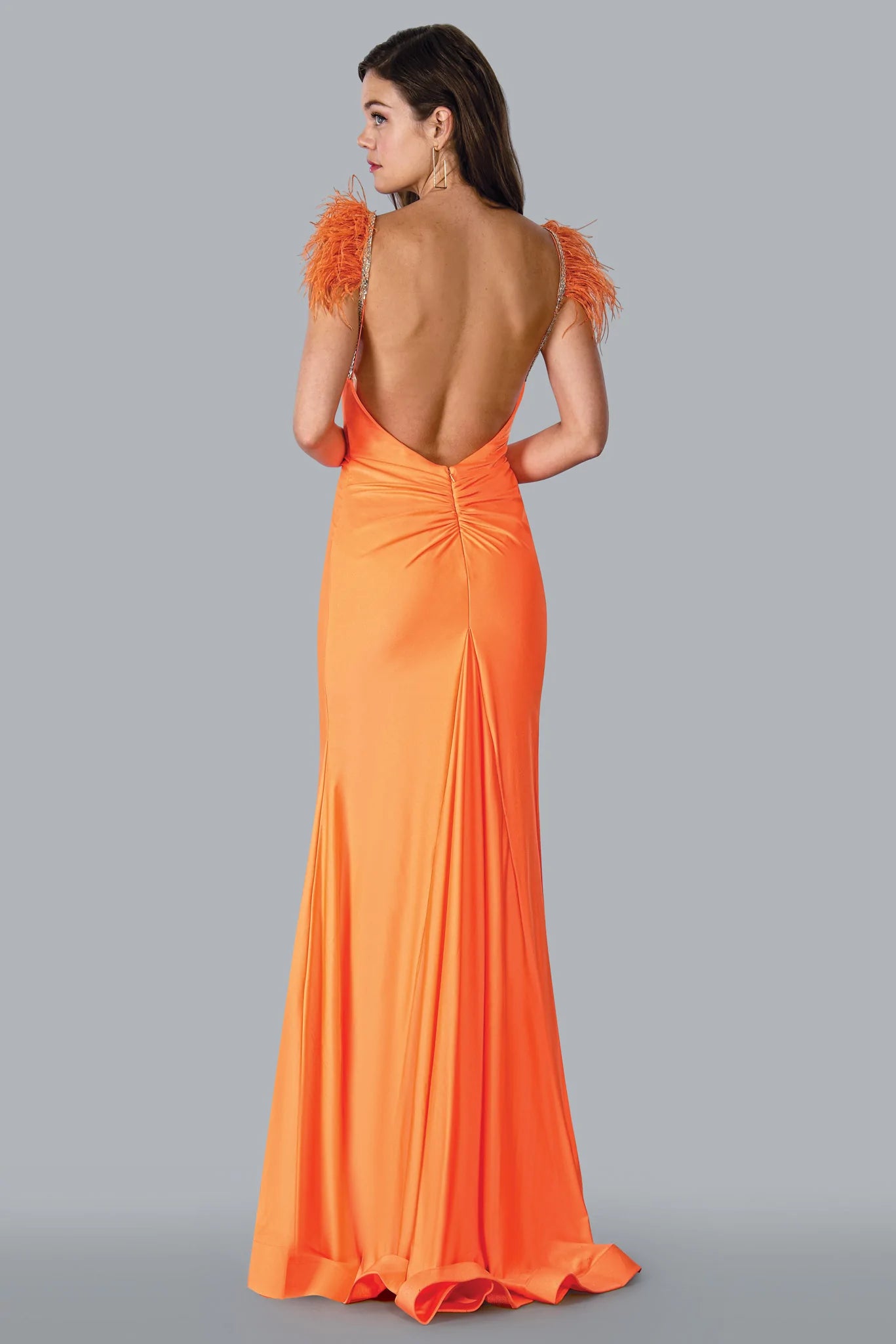Stella Couture 23125 Size 2 Orange Long Fitted Crystal Feather Strap Prom Dress Backless Formal Gown Stella Couture 23125 Size 2 Orange Long Fitted Crystal Feather Strap Prom Dress Backless Formal Gown