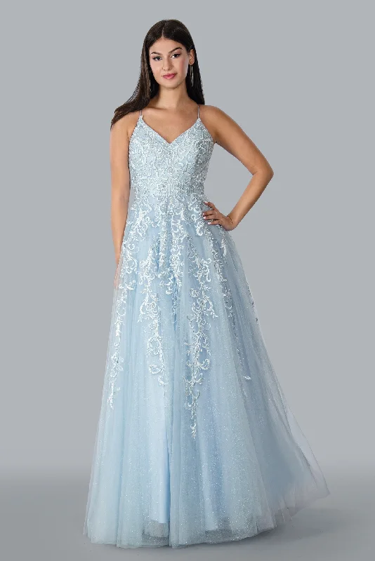 Stella Couture 23178 Size 0 Blue Long Lace A Line Backless Shimmer Ball Gown Prom Dress Corset V Neck Stella Couture 23178 Size 0 Blue Long Lace A Line Backless Shimmer Ball Gown Prom Dress Corset V Neck