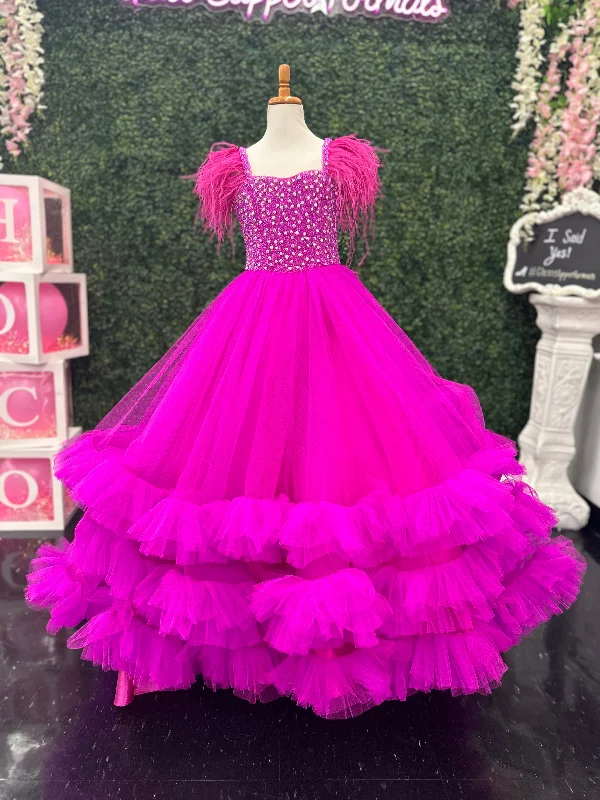 Sugar Kayne C327 Size 4 Magenta Girls Preteens Pageant Dress Feather Straps Tiered Ruffle Bottom Crystal Stone Bodice Sugar Kayne C327 Size 4 Magenta Girls Preteens Pageant Dress Feather Straps Tiered Ruffle Bottom Crystal Stone Bodice
