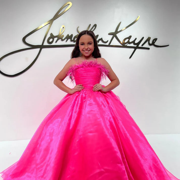 Sugar Kayne C330 Size 6, 10, 14 Barbie Pink Girls Preteens Pageant Dress Feather Neckline Long Organza Skirt Ruffle Train Sugar Kayne C330 Size 6, 10, 14 Barbie Pink Girls Preteens Pageant Dress Feather Neckline Long Organza Skirt Ruffle Train