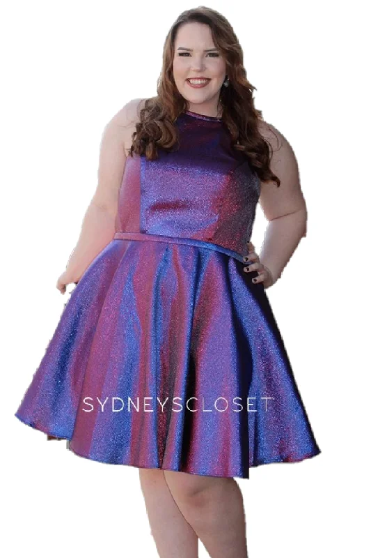 Sydney's Closet 8103 sz 18 Peacock Short Flare Metallic Prom Dress High Neck Pockets Sydney's Closet 8103 sz 18 Peacock Short Flare Metallic Prom Dress High Neck Pockets