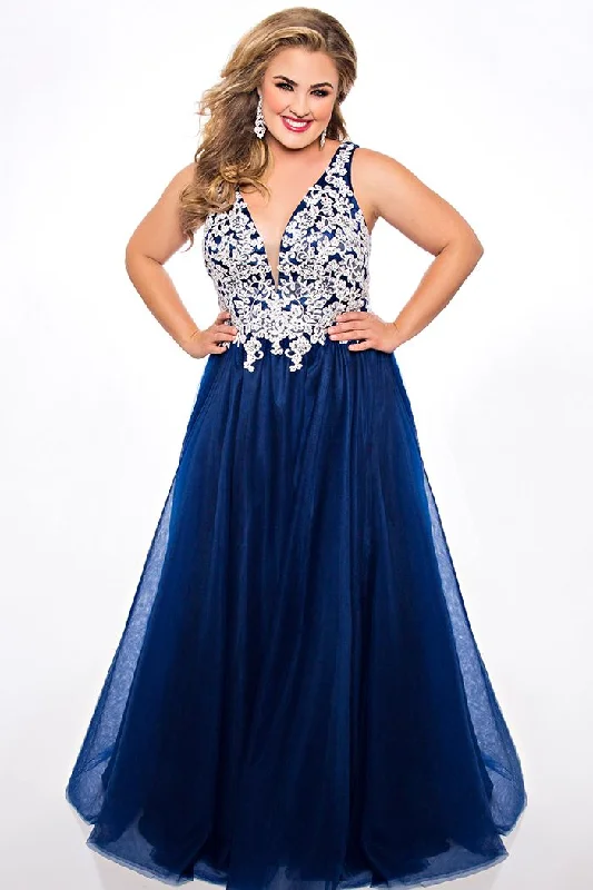 Sydney's Closet SC7291 size 14 Navy Prom Dress V neckline lace bodice tulle ball gown Sydney's Closet SC7291 size 14 Navy Prom Dress V neckline lace bodice tulle ball gown