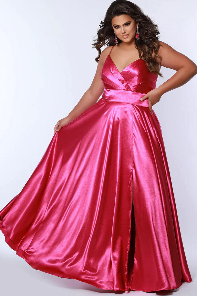 Sydney's Closet SC7355 Size 24 Raspberry A Line Satin Plus Size Prom Dress Slit V Neck Formal Gown Corset Sydney's Closet SC7355 Size 24 Raspberry A Line Satin Plus Size Prom Dress Slit V Neck Formal Gown Corset