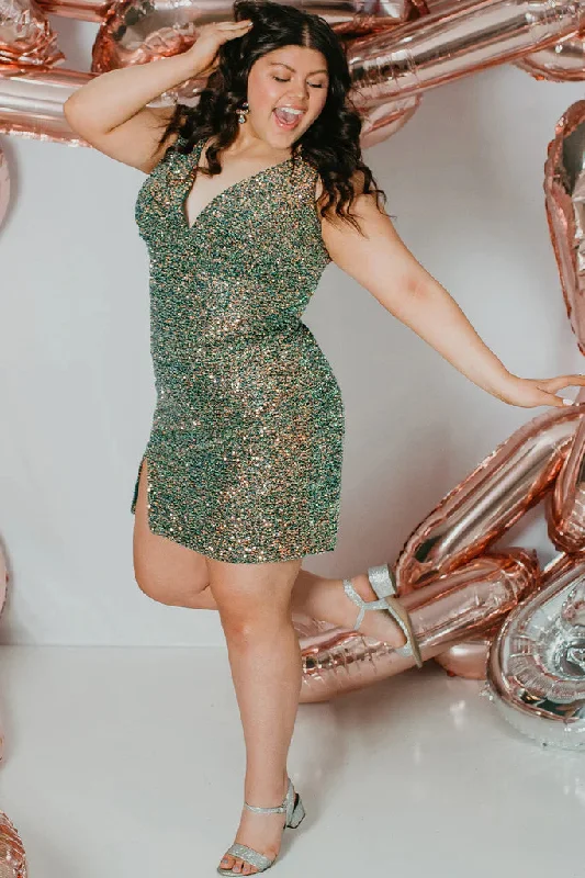 Sydney's Closet SC8110 Size 24 Green Short Plus Size fitted Sequin Formal Cocktail Dress Slit V Neck Gown Sydney's Closet SC8110 Size 24 Green Short Plus Size fitted Sequin Formal Cocktail Dress Slit V Neck Gown