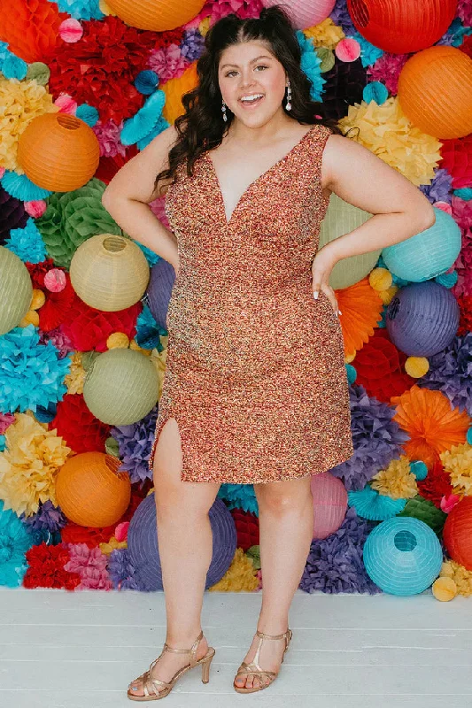 Sydneys Closet SC8110 Size 16, 22 Firecracker Red Short Plus Size fitted Sequin Formal Cocktail Dress Slit V Neck Gown Sydneys Closet SC8110 Size 16, 22 Firecracker Red Short Plus Size fitted Sequin Formal Cocktail Dress Slit V Neck Gown