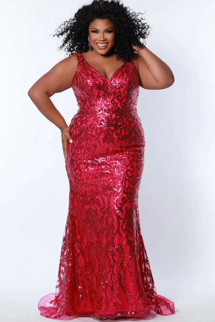 Sydney's Closet TE2303 Size 22 Magenta Long Fitted Sequin Lace Plus Size Prom Dress V Neck Formal Gown Sydney's Closet TE2303 Size 22 Magenta Long Fitted Sequin Lace Plus Size Prom Dress V Neck Formal Gown