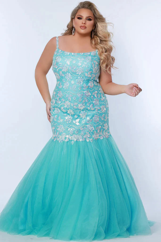 Sydney's Closet TE2316 Size 18 Aqua Lace Appliques With Sequin Mermaid Silhouette Scoop Neckline Plus Sizes Prom Dress Sydney's Closet TE2316 Size 18 Aqua Lace Appliques With Sequin Mermaid Silhouette Scoop Neckline Plus Sizes Prom Dress