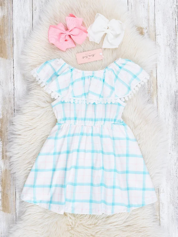 Teal & Pink Plaid Lace Trim Dress