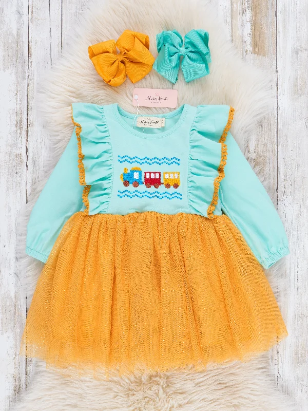 Teal & Yellow Embroidered Trains Tulle Dress