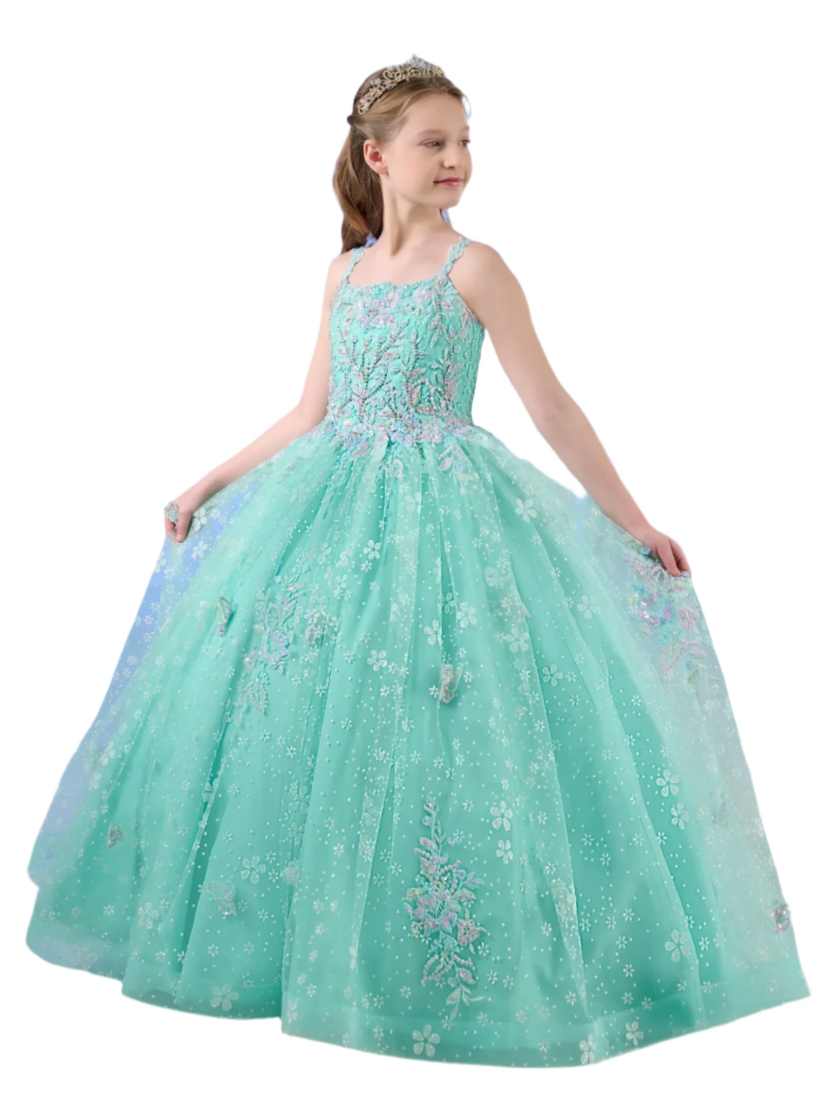 Tiffany Princess 13759 Size 10 Aqua Girls Pageant Dress Butterfly Scoop Neck Crystal Corset Long Gown Tiffany Princess 13759 Size 10 Aqua Girls Pageant Dress Butterfly Scoop Neck Crystal Corset Long Gown
