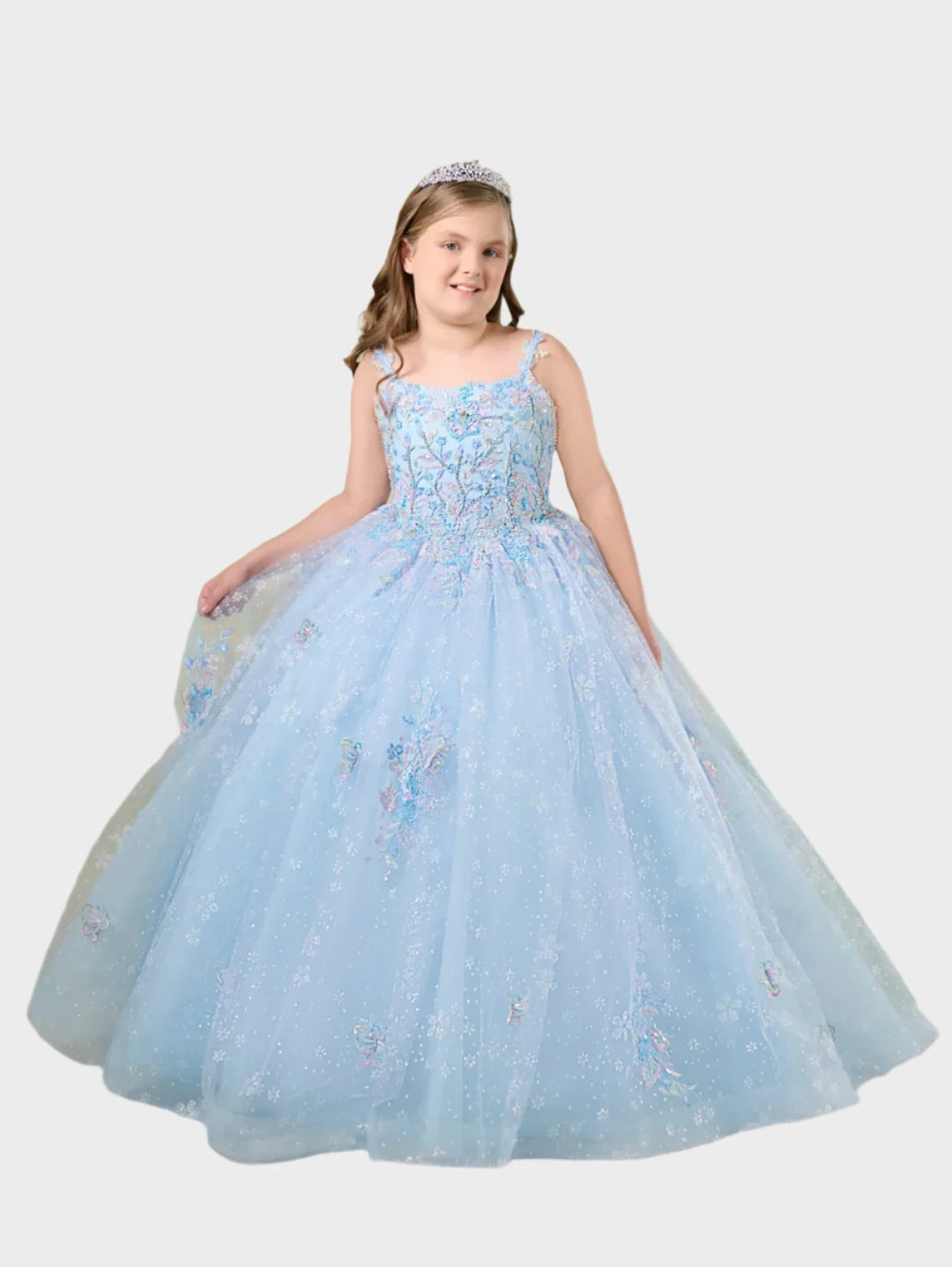 Tiffany Princess 13759 Size 2 Sky Girls Pageant Dress Butterfly Scoop Neck Crystal Corset Long Gown Tiffany Princess 13759 Size 2 Sky Girls Pageant Dress Butterfly Scoop Neck Crystal Corset Long Gown