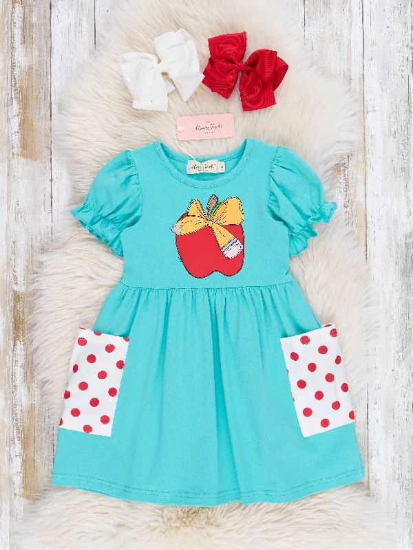 Turquoise Apple A Day Ruffle Dress
