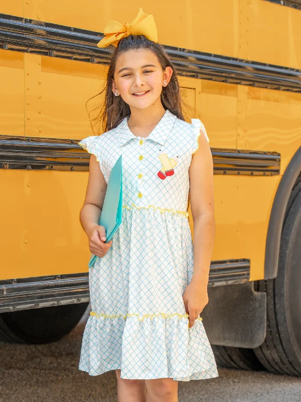 Turquoise & Yellow Plaid Pencils Ruffle Dress
