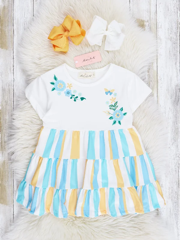 Turquoise & Yellow Stripes Tiered Ruffle Dress