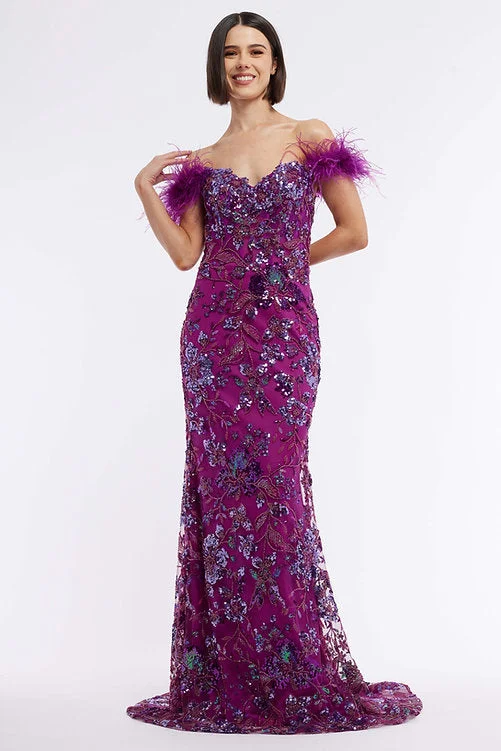 Vienna Prom 8867 Size 16 Purple Long Sheer Sequin Corset Prom Dress Feather Formal Gown Beaded Pageant Vienna Prom 8867 Size 16 Purple Long Sheer Sequin Corset Prom Dress Feather Formal Gown Beaded Pageant