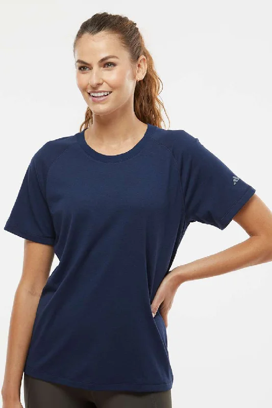 Adidas Womens Short Sleeve Crewneck T-Shirt - Collegiate Navy Blue Fleece Nylon Spandex Adidas Womens Short Sleeve Crewneck T-Shirt - Collegiate Navy Blue Fleece Nylon Spandex