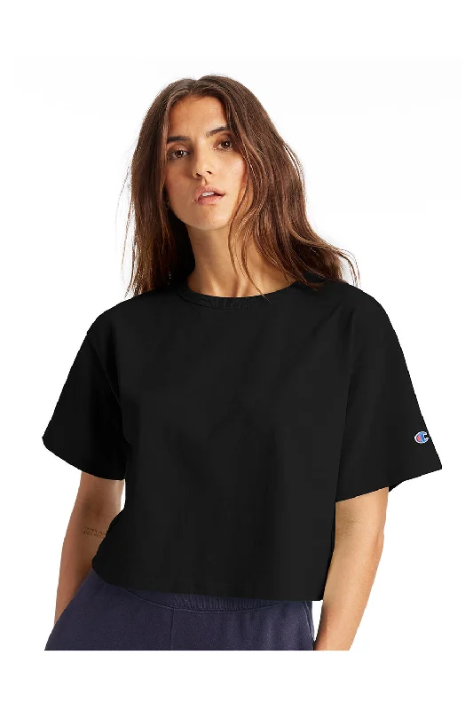 Champion Womens Heritage Cropped Short Sleeve Crewneck T-Shirt - Black Front Pockets Side Pockets Patch Pockets Champion Womens Heritage Cropped Short Sleeve Crewneck T-Shirt - Black Front Pockets Side Pockets Patch Pockets