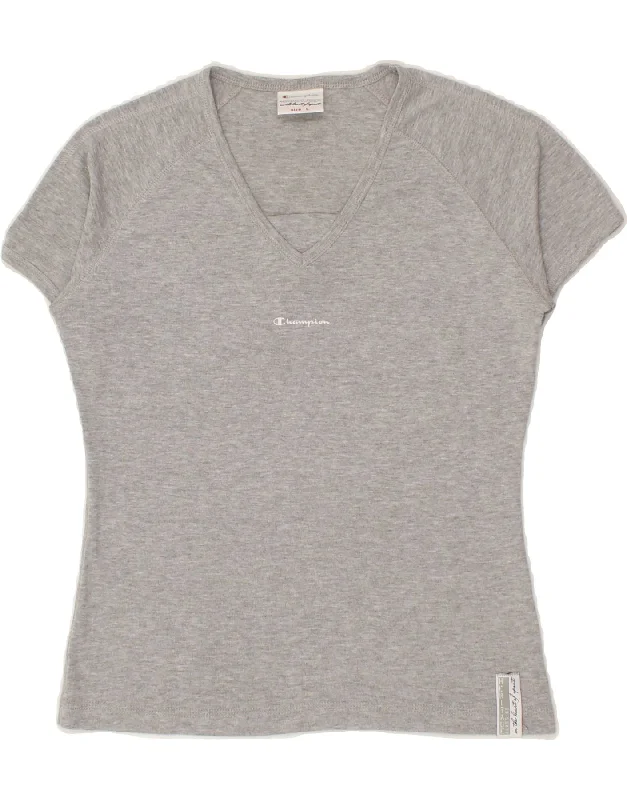 CHAMPION Womens T-Shirt Top UK 14 Large Grey Graphic Embroidered Appliqued