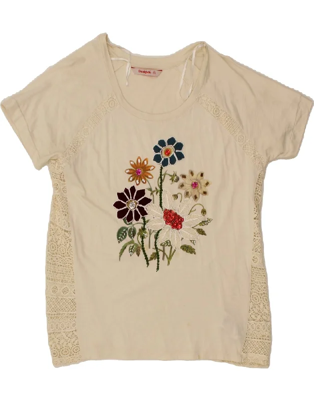 DESIGUAL Womens T-Shirt Top UK 18 XL Beige Floral Cotton Cotton Fabric Linen Fabric Terry Fabric DESIGUAL Womens T-Shirt Top UK 18 XL Beige Floral Cotton Cotton Fabric Linen Fabric Terry Fabric