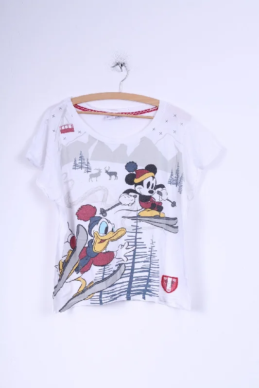 DISNEY Womens 14-16 M T-Shirt White Cotton Crew Neck Mickey Mouse Print Jacquard Patchwork DISNEY Womens 14-16 M T-Shirt White Cotton Crew Neck Mickey Mouse Print Jacquard Patchwork