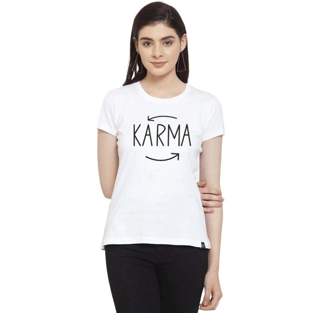 Generic Women's Cotton Blend Karma Printed T-Shirt (White) Elasticated Padded Insulated Generic Women's Cotton Blend Karma Printed T-Shirt (White) Elasticated Padded Insulated