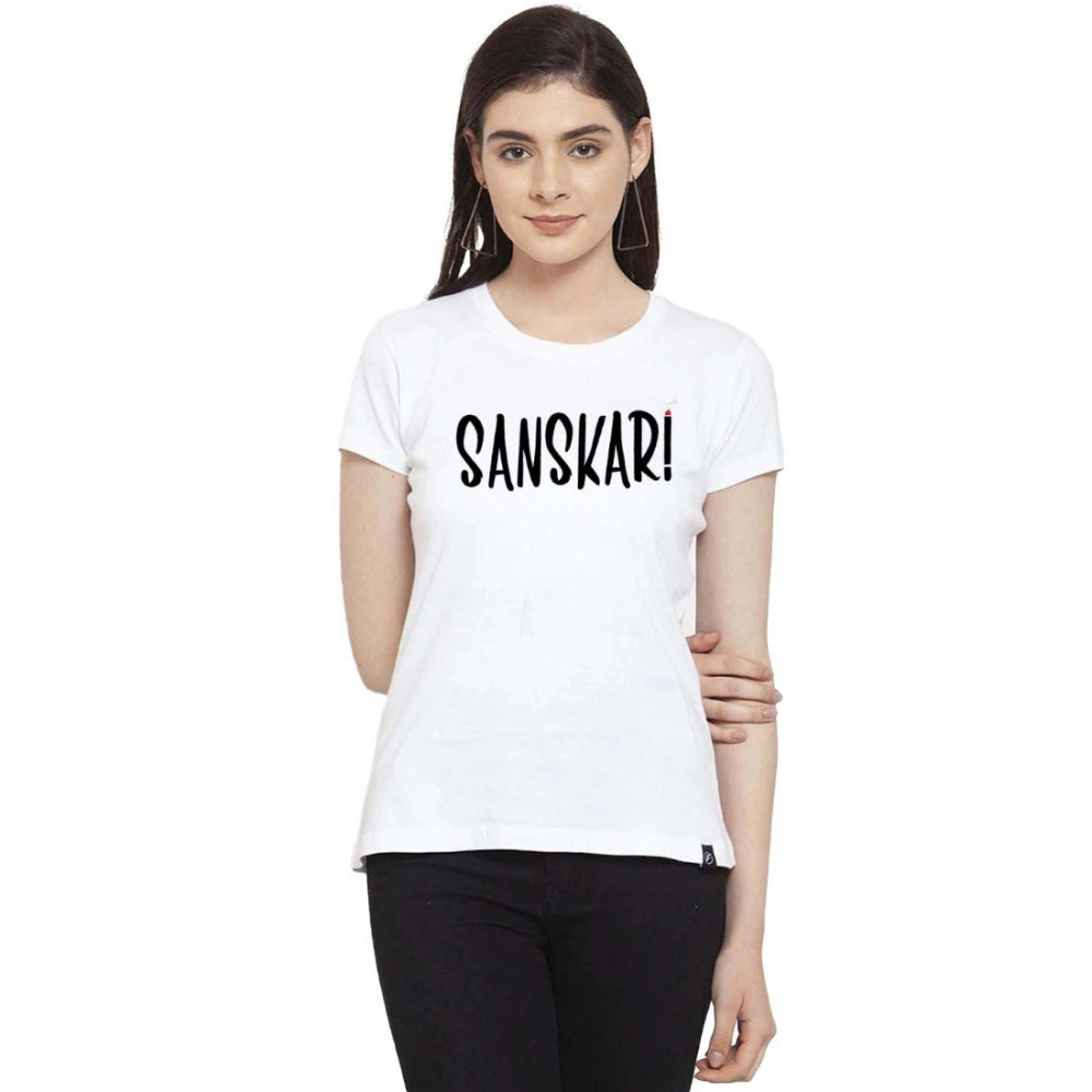 Generic Women's Cotton Blend Sanskari Printed T-Shirt (White) Chenille Brocade Lace