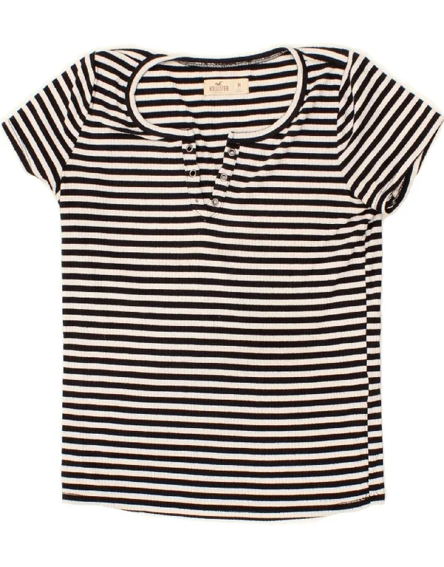 HOLLISTER Womens T-Shirt Top UK 12 Medium Black Striped Real Fur Shearling Chenille