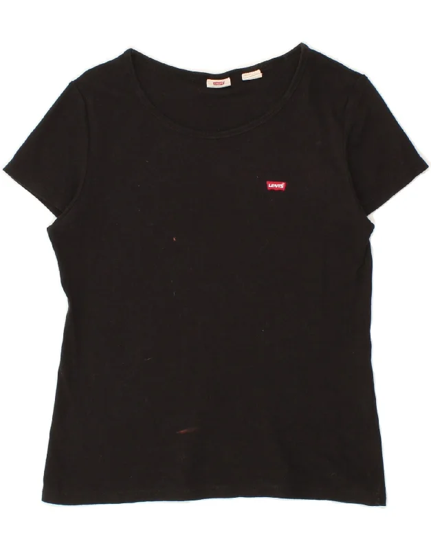 LEVI'S Womens T-Shirt Top UK 14 Large Black Wool Fabric Cashmere Fabric Tweed Fabric