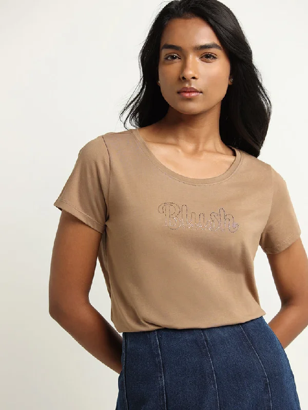 LOV Beige Embellished Cotton T-Shirt Solid Color Striped Floral