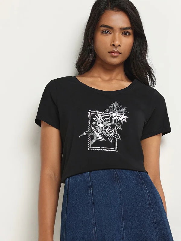 LOV Black Graphic Print Cotton T-Shirt Collared Crew Neck Turtle Neck