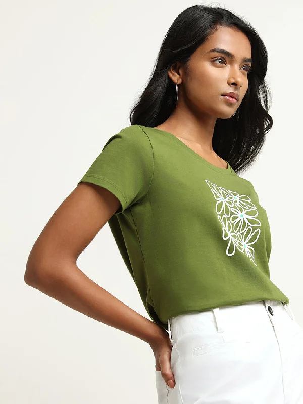 LOV Green Floral Print Cotton T-Shirt Zippered Buttoned Snapped