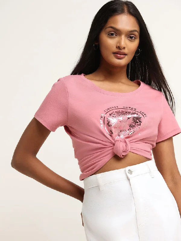 LOV Pink Printed T-Shirt Graphic Embroidered Appliqued