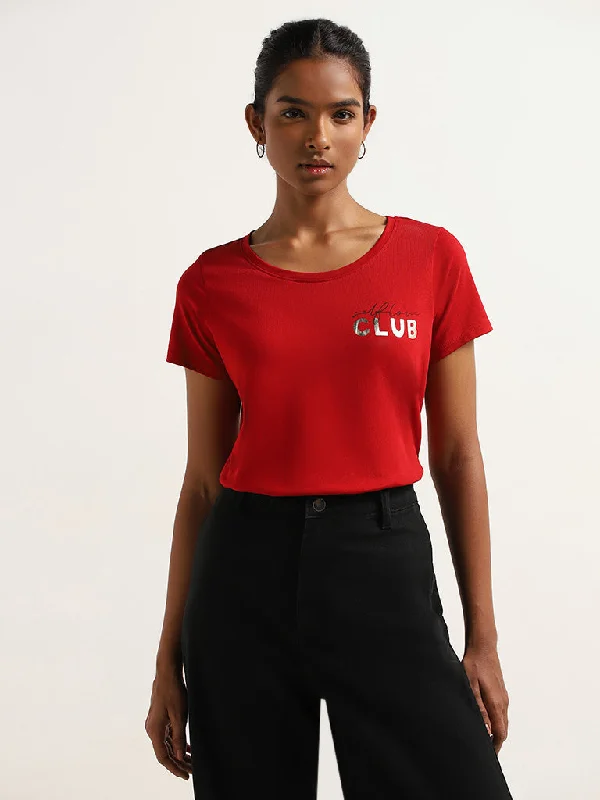 LOV Red Printed T-Shirt Seamless Knitted Crochet