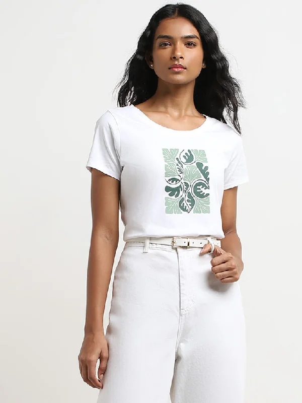 LOV White Leaf Print Cotton T-Shirt Fitted T-Shirt Seamless Stretchy