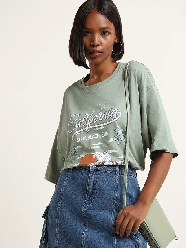Nuon Green Contrast Print Cotton Oversized T-Shirt Anti-Pilling Machine Wash Handmade Nuon Green Contrast Print Cotton Oversized T-Shirt Anti-Pilling Machine Wash Handmade