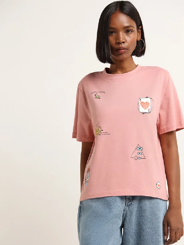 Nuon Pink Contrast Print Cotton Oversized T-Shirt Fashionable Trendy Casual