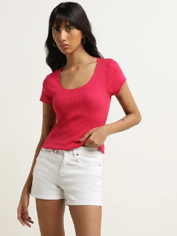 Nuon Pink Ribbed Textured Cotton Blend T-Shirt Graphic T-Shirt Round Neck Polyester