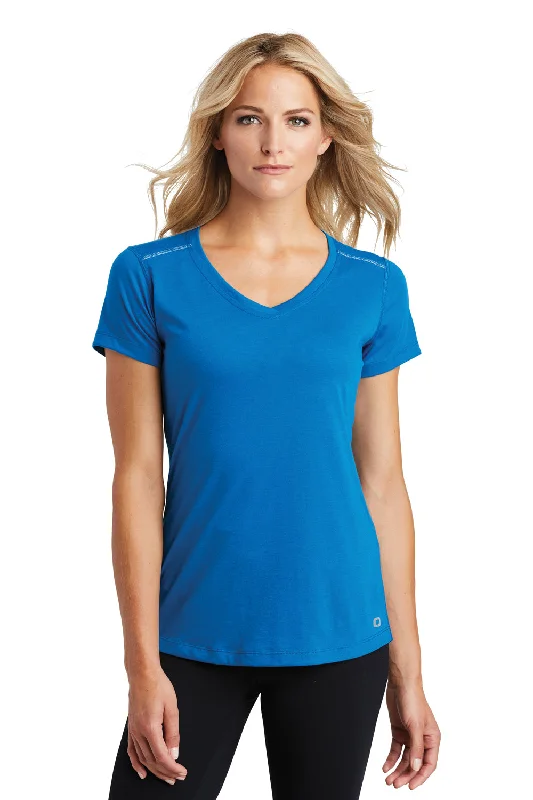 Ogio Womens Endurance Peak Jersey Moisture Wicking Short Sleeve V-Neck T-Shirt - Bolt Blue Graphic Embroidered Appliqued Ogio Womens Endurance Peak Jersey Moisture Wicking Short Sleeve V-Neck T-Shirt - Bolt Blue Graphic Embroidered Appliqued