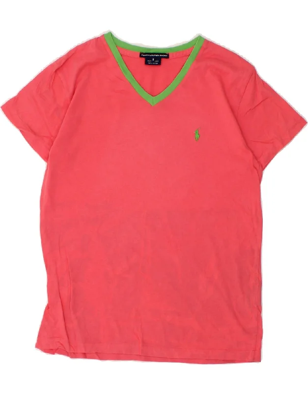 RALPH LAUREN Womens T-Shirt Top UK 10 Small Pink Cotton Solid Print Embellished