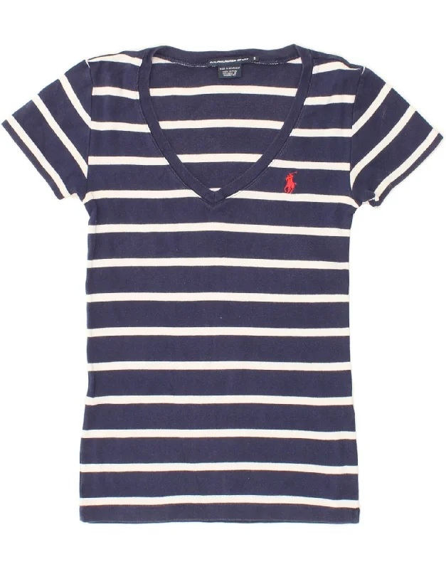 RALPH LAUREN Womens T-Shirt Top UK 8 Small Navy Blue Striped Cotton Embroidered Appliqued Beaded RALPH LAUREN Womens T-Shirt Top UK 8 Small Navy Blue Striped Cotton Embroidered Appliqued Beaded