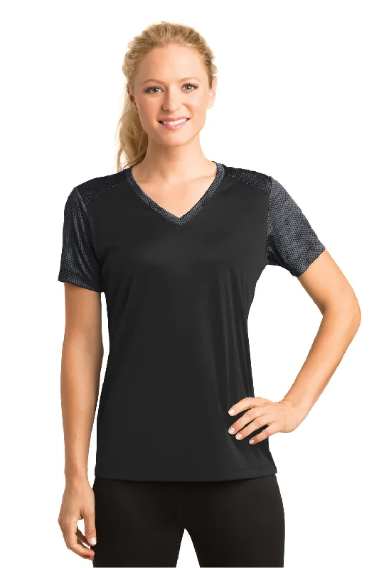 Sport-Tek Womens CamoHex Moisture Wicking Short Sleeve V-Neck T-Shirt - Black/Iron Grey - Closeout Striped Floral Plaid Sport-Tek Womens CamoHex Moisture Wicking Short Sleeve V-Neck T-Shirt - Black/Iron Grey - Closeout Striped Floral Plaid